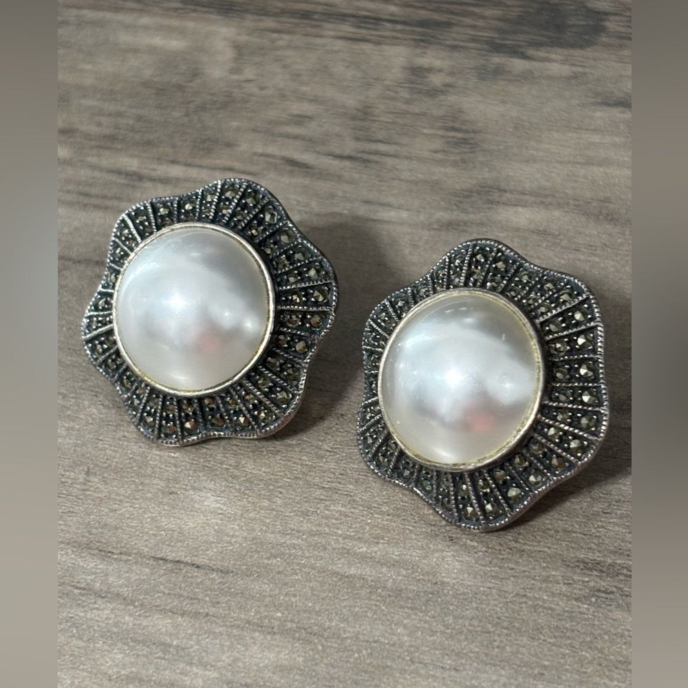 Vintage Judith Jack Sterling Silver 925 Marcasite Faux Pearl Pierced Earrings